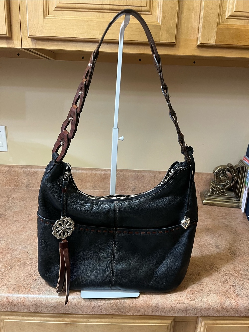 Brighton Classic Black Leather Shoulder Bag with Brown Accent Strap